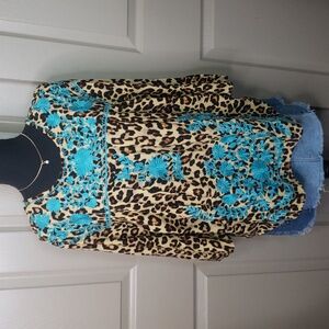 Layers Clothing animal print boho turquoise embroidered floral top size Medium